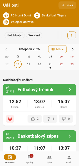 Náhled na kalendář / seznam událostí z více týmů v jedné obrazovce.