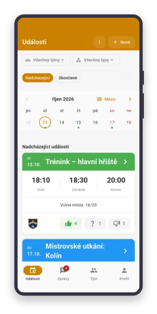 Seznam událostí s kalendářem a filtrem týmů v aplikaci Sportuj.app